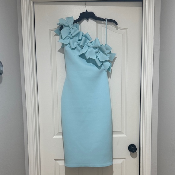 Badgley Mischka Dresses & Skirts - Badgley Mischka One-Shoulder Ruffle Cocktail Dress in Pale Blue - Worn Once